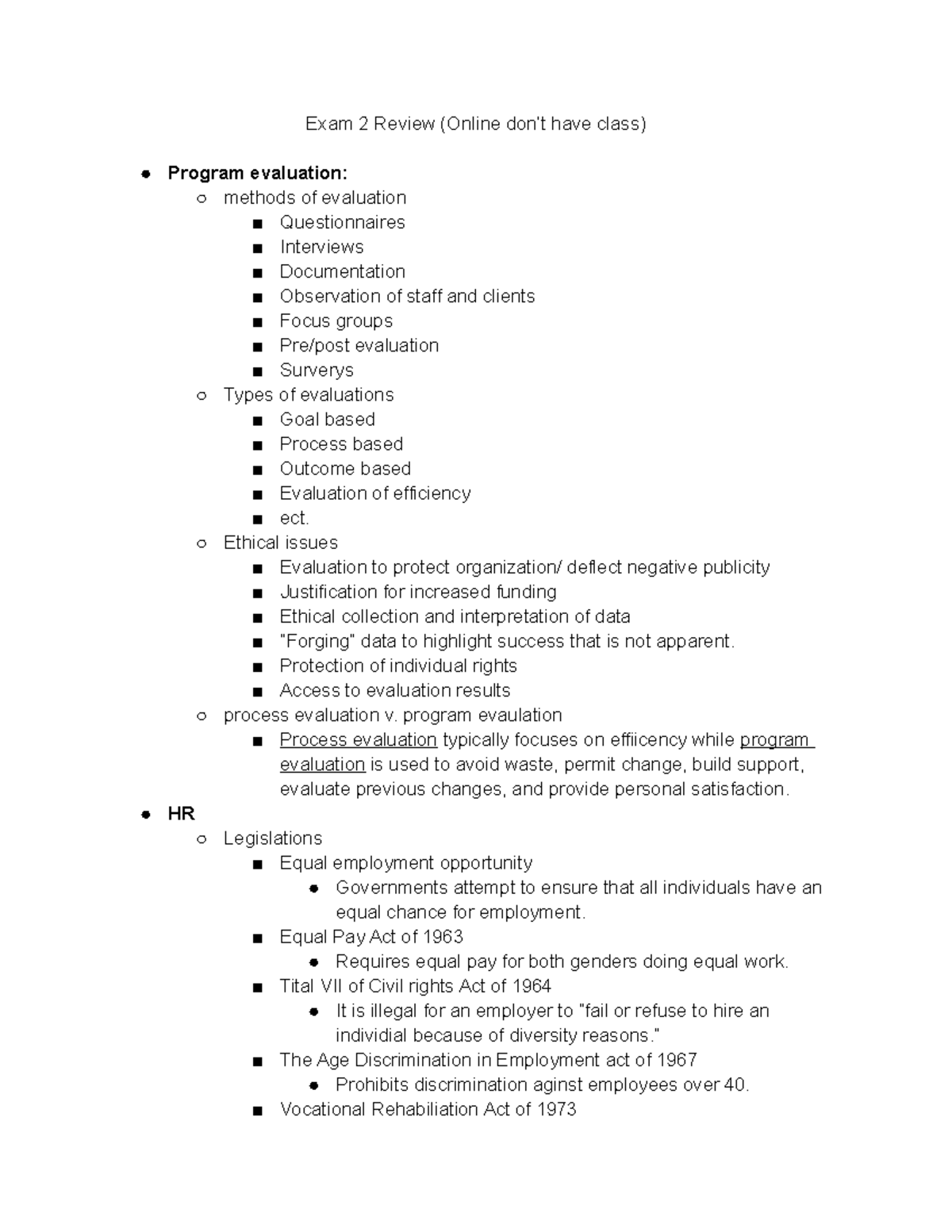 Human Services Exam 2 Review Exam 2 Review don’t have class) Program evaluation Studocu