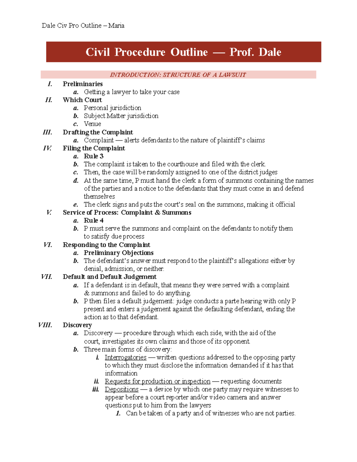 Civil procedure outline - maria - Dale Civ Pro Outline – Maria Civil ...