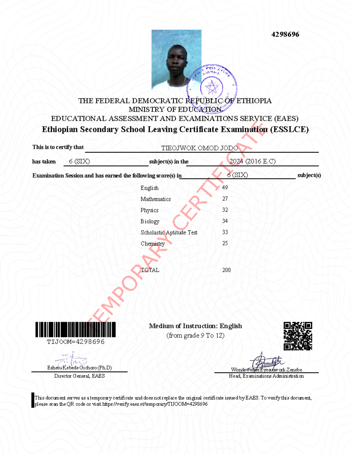 Grade 12 results - TEMPORARY CERTIFICATE EDUCATIONAL ASSESSMENT AND ...