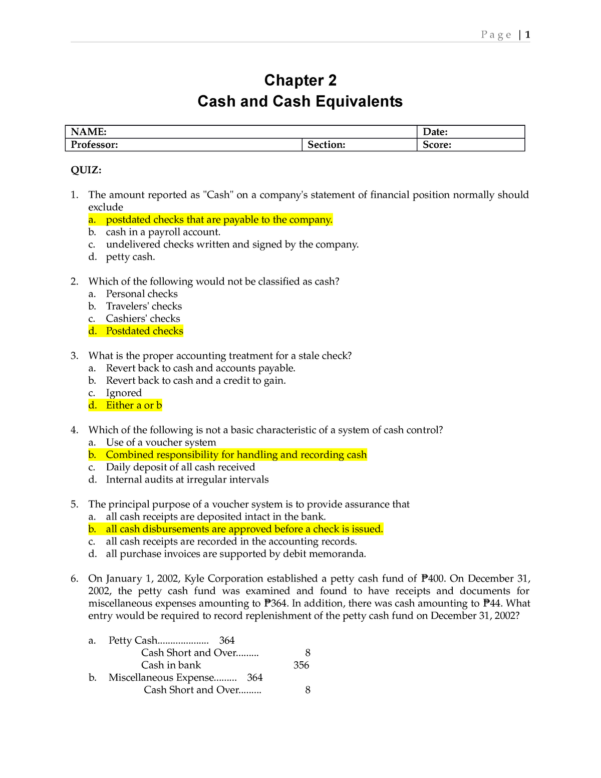 QUIZ Chapter2 CASHCASH Equivalents Chapter 2 Cash and Cash