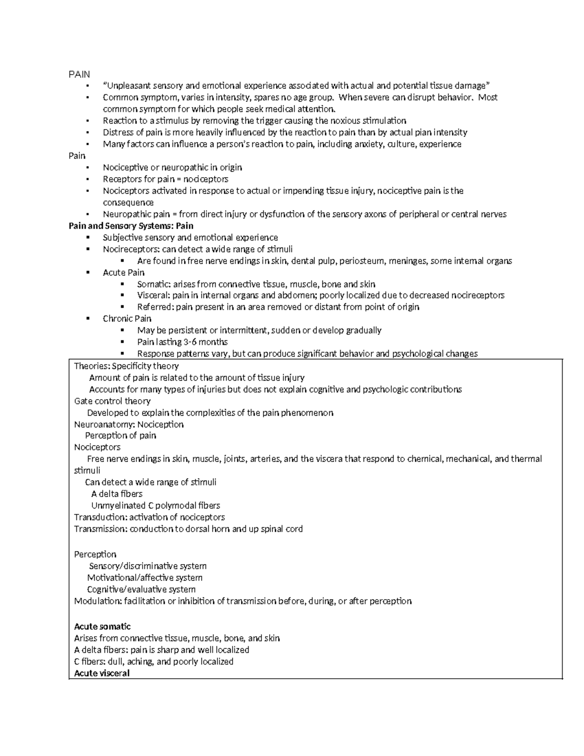 Module 3A 320 - notes - PAIN “Unpleasant sensory and emotional ...