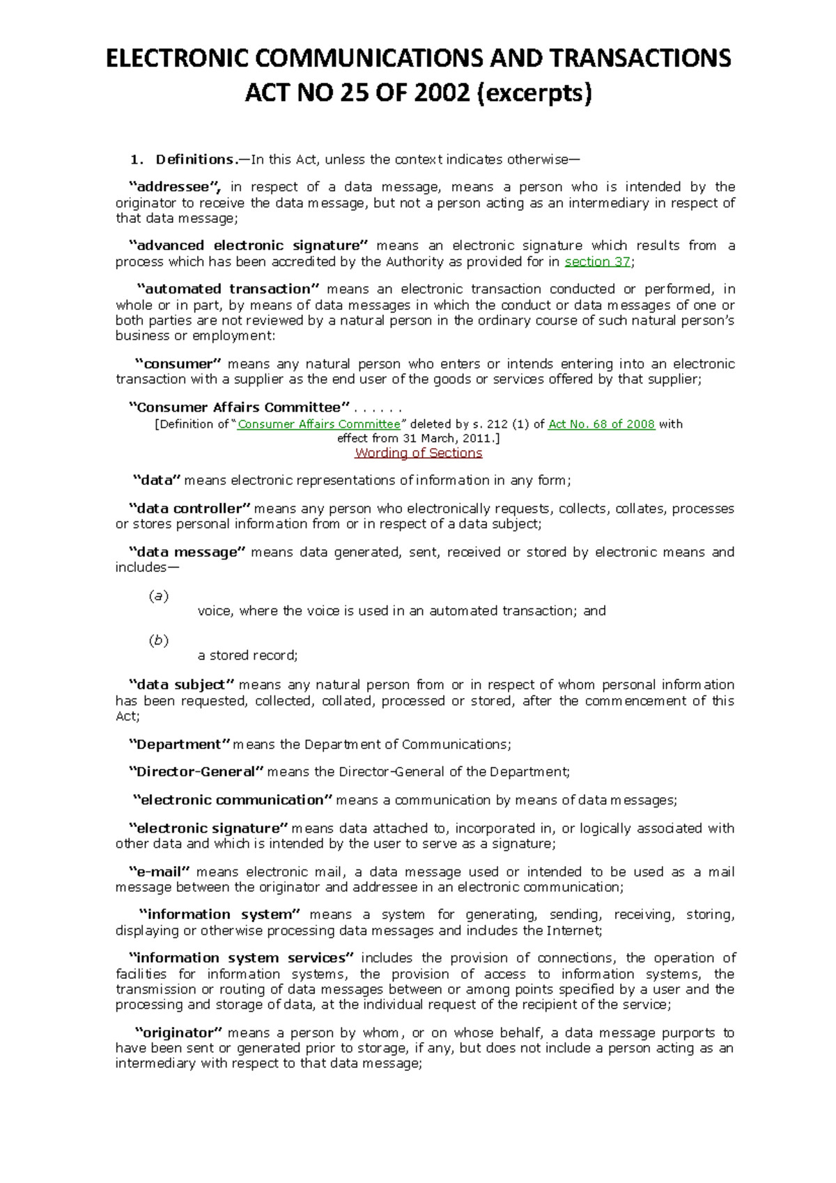 6. ECTA 25 of 2002 Excerpts ELECTRONIC COMMUNICATIONS AND