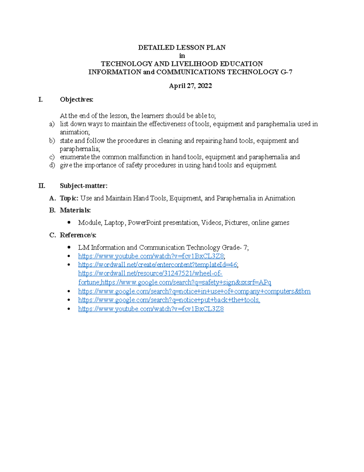 Lesson Plan #6 - Practice Teaching 6 - DETAILED LESSON PLAN in ...