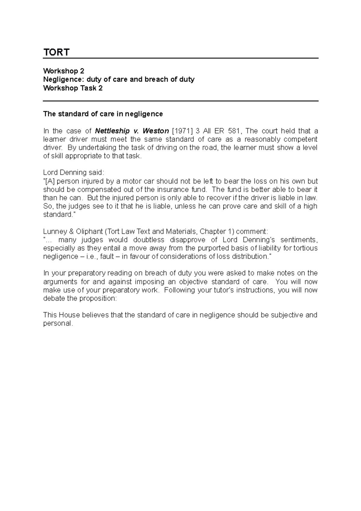 Workshop Task 2 Tort Workshop 2 Negligence Duty Of Care And Breach