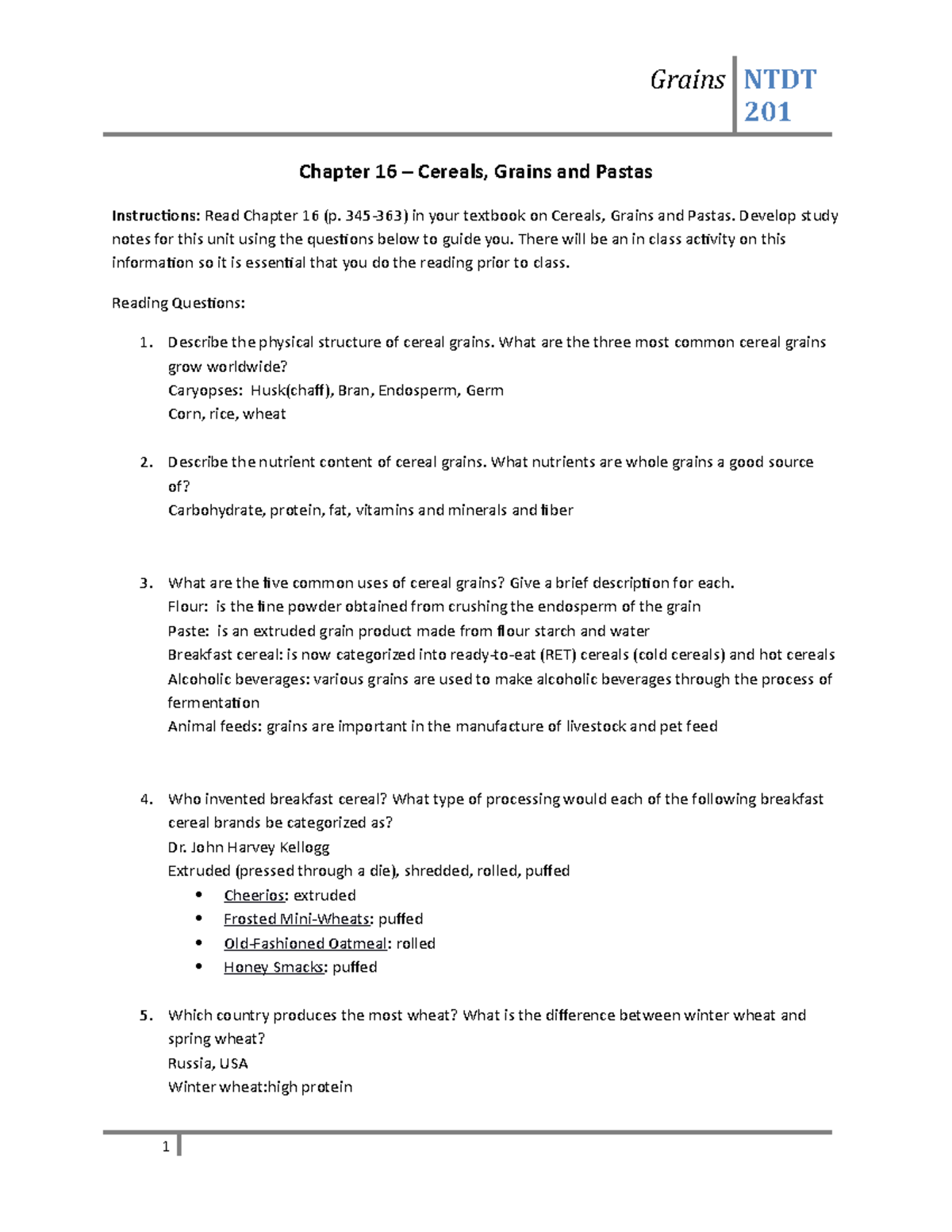7 Grains reading questions 201 Chapter 16 Cereals, Grains and