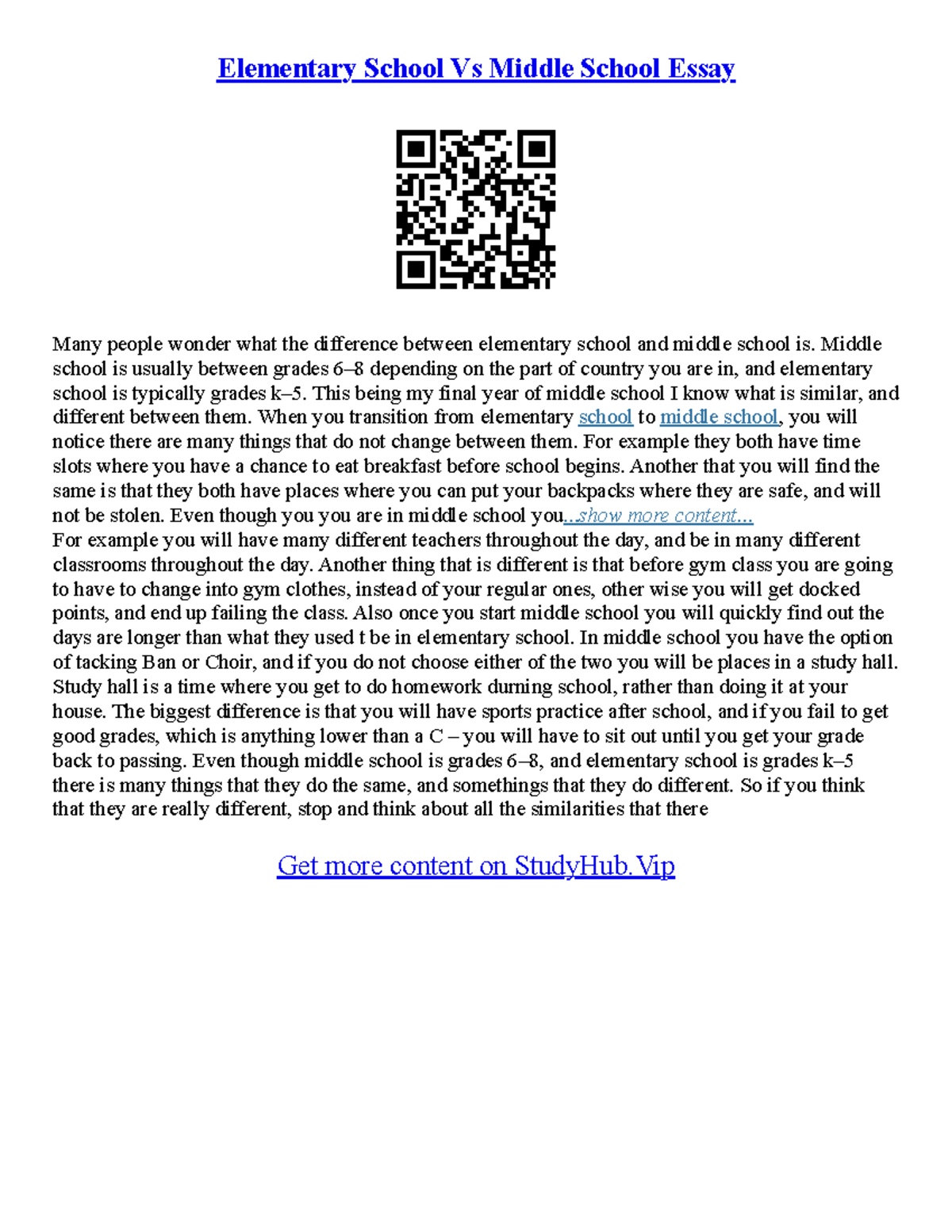 Compare And Contrast Essay Middle School - Elementary School Vs Middle ...