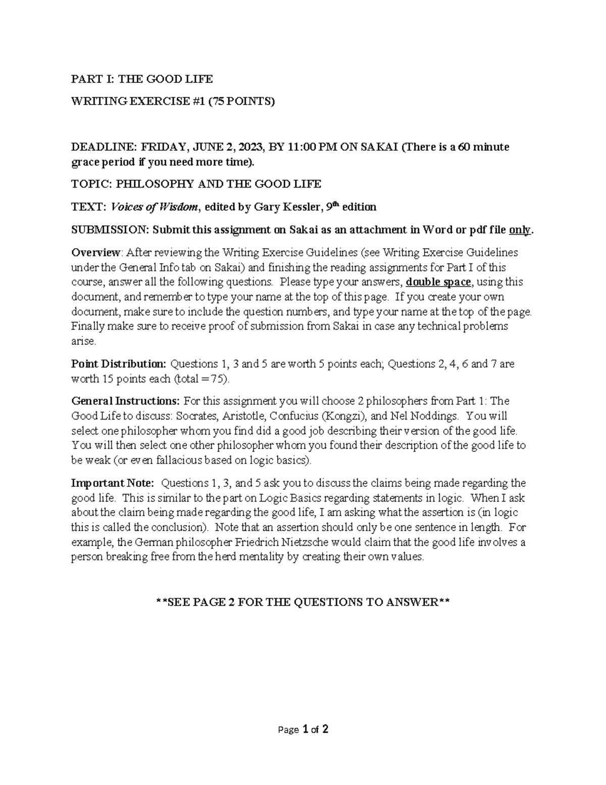 Phil 130 Writing Exercise Part I SU23 - PART I: THE GOOD LIFE WRITING ...