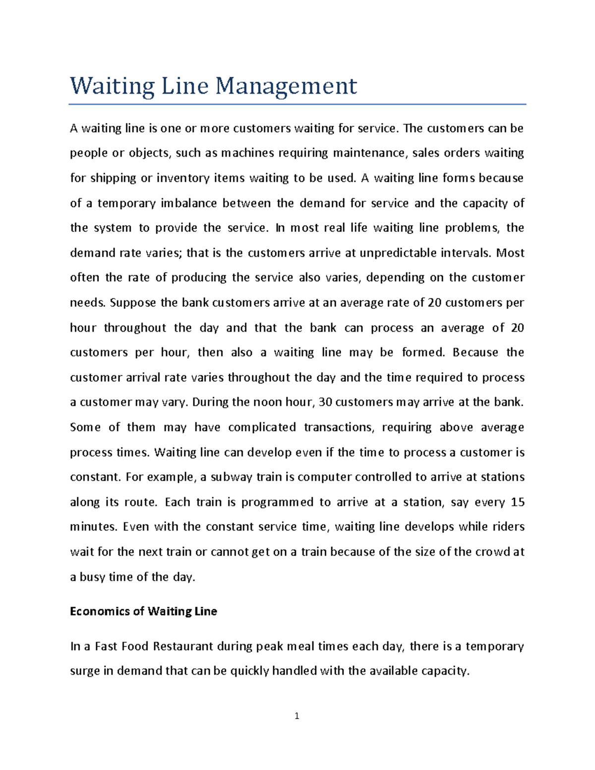 Unit 2 full - Lecture notes 5 - Waiting Line Management A waiting line ...