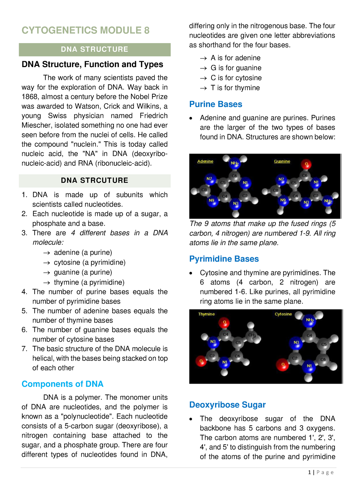 Cytogenetics Module-8 - CYTOGENETICS MODULE 8 DNA STRUCTURE DNA ...