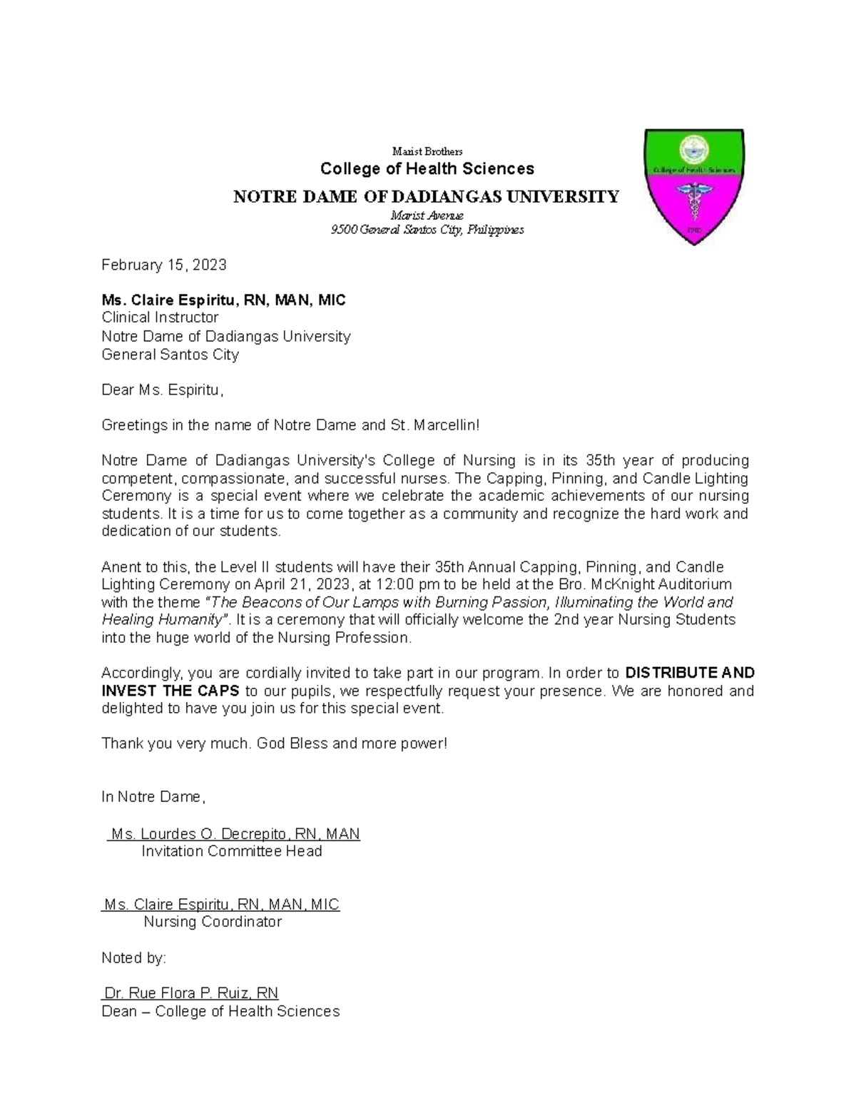 K invitation letter invest cap Ms Espiritu Marist Brothers College of
