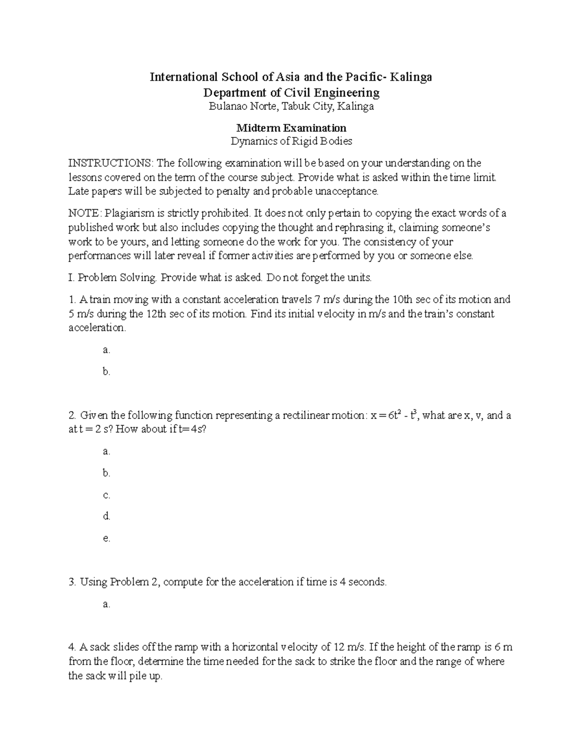 Midterm dynamics - civil engineering - International School of Asia and ...