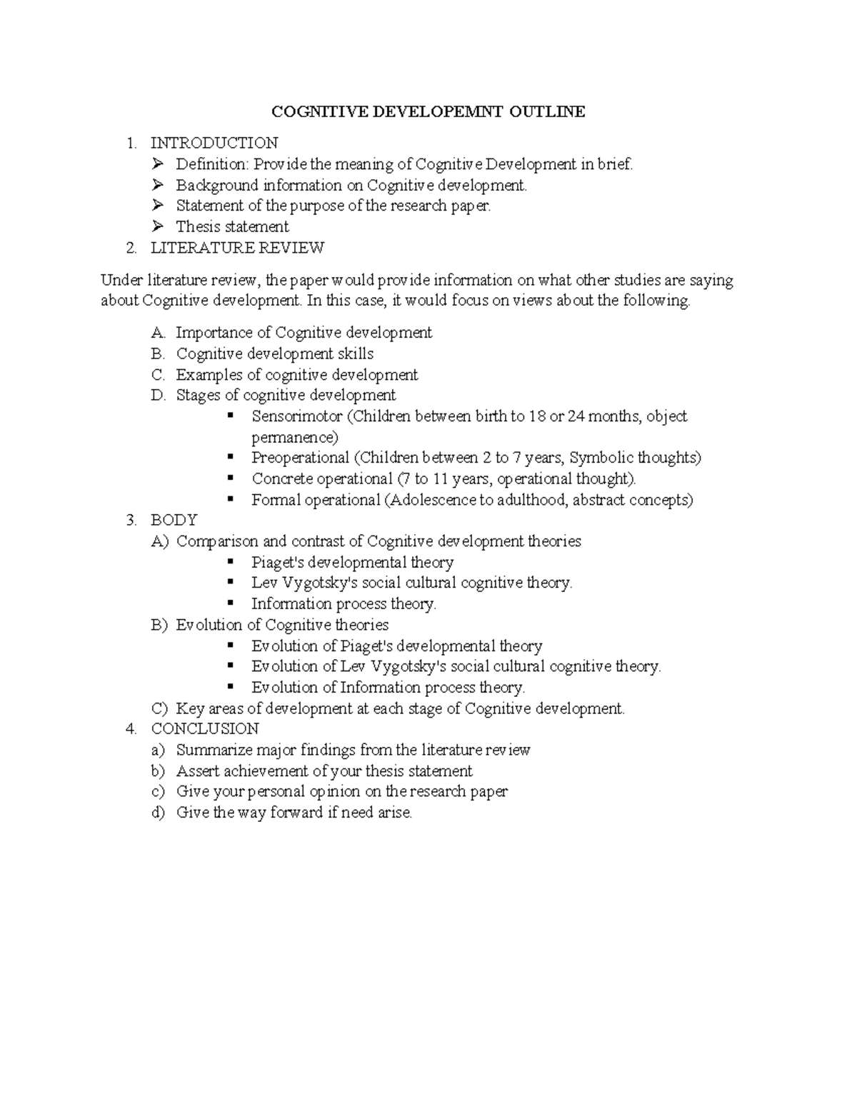Cognitive Developemnt Outline - COGNITIVE DEVELOPEMNT OUTLINE 1 ...