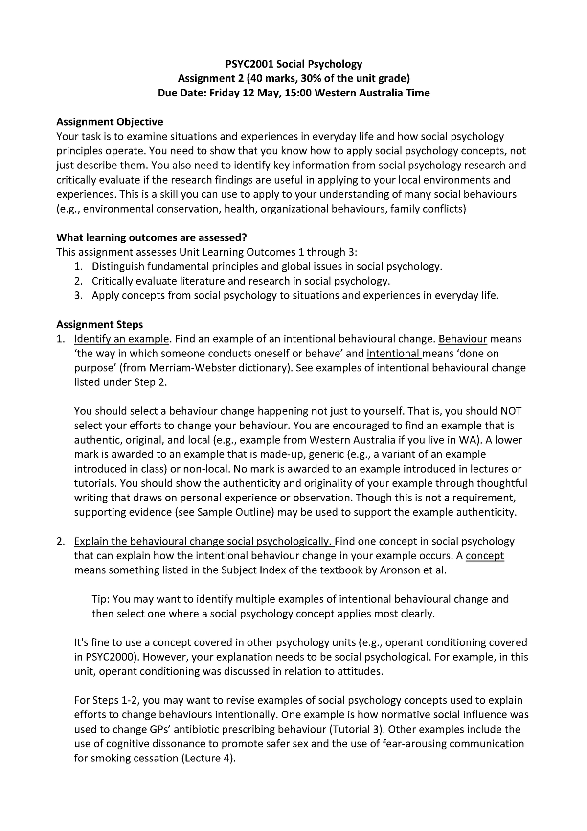 A2 Instruction and Rubric - PSYC2001 Social Psychology Assignment 2 (40 ...