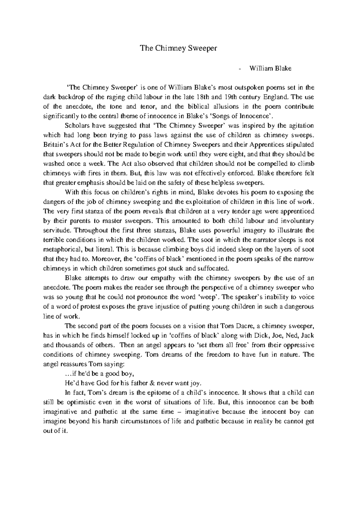 Chimney sweeper analysis The Chimney Sweeper William Blake ‘The