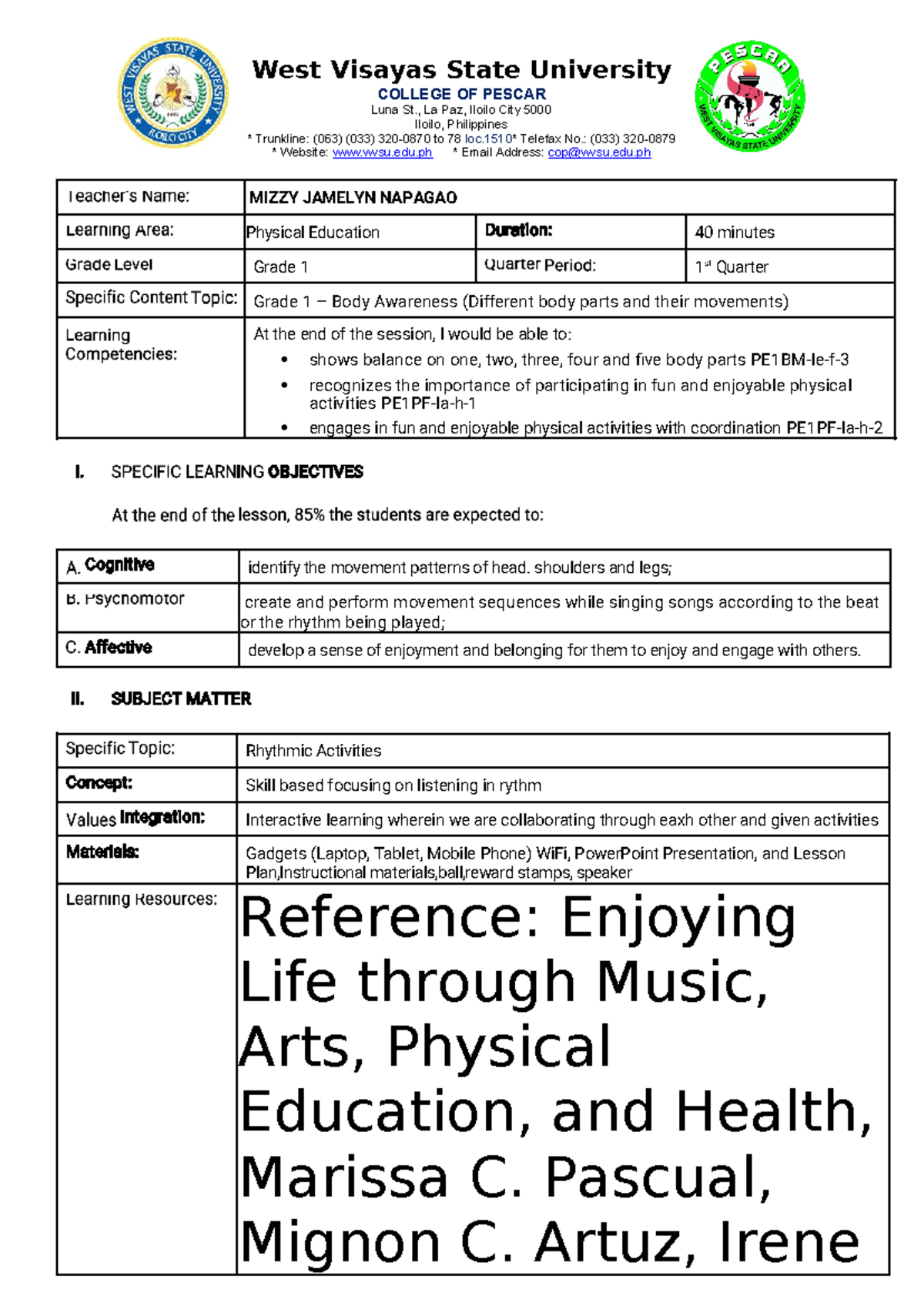 Lesson Pan in PE - COLLEGE OF PESCAR Luna St., La Paz, Iloilo City 5000 ...