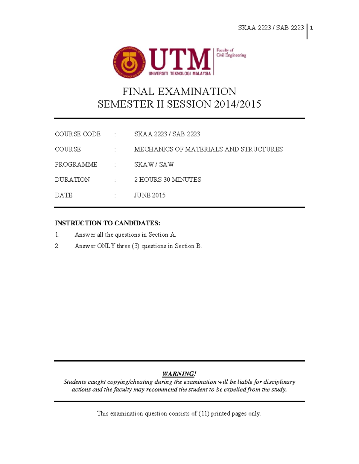 Exam June 2015, questions - SKAA SAB 1 FINAL EXAMINATION SEMESTER II ...