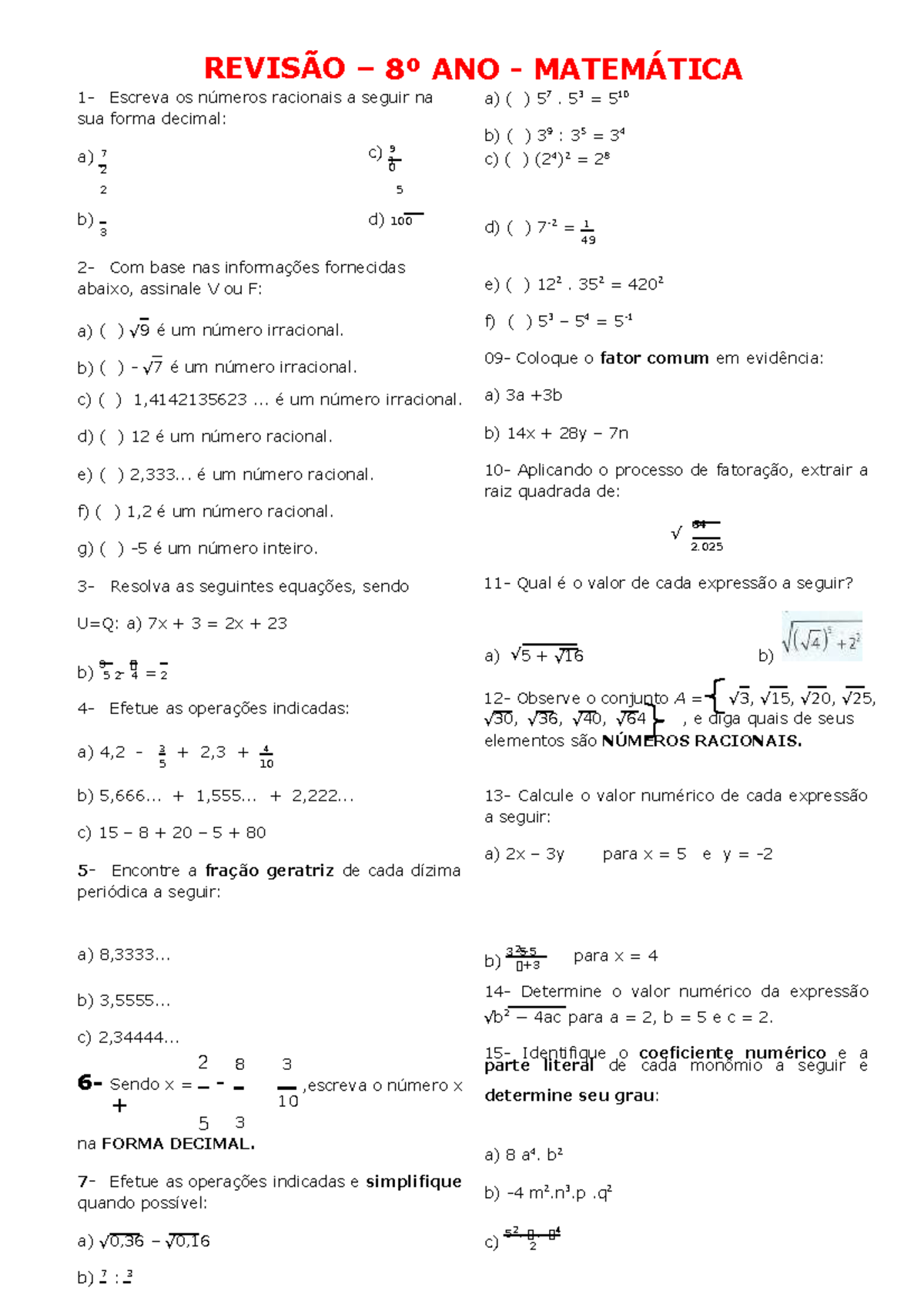 Mat 8º Ano Livro Muito Bom De Ler RevisÃo 8º Ano MatemÁtica 1