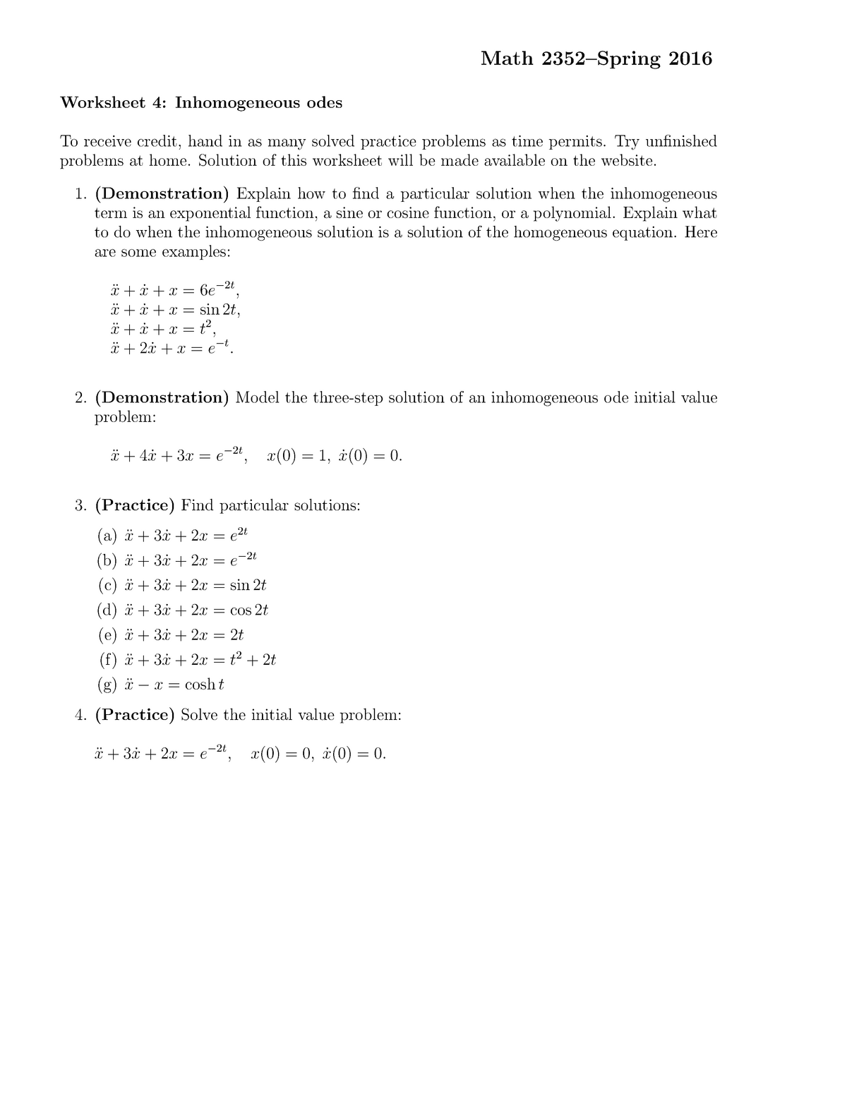 Wksht 04 Prof Jeffrey Robert Chasnov Math 16 Worksheet 4 Inhomogeneous Odes To Receive Studocu