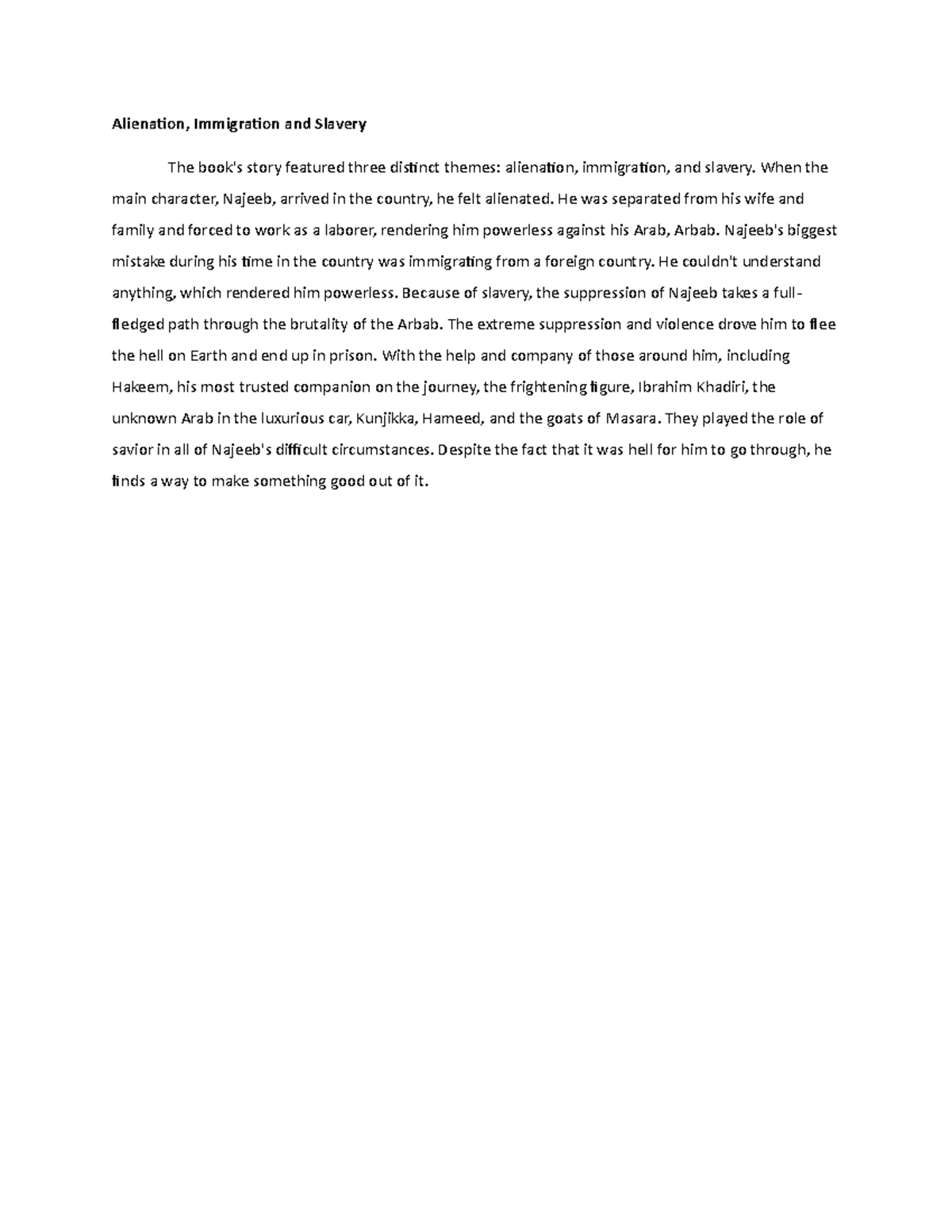 Theme 21st Lit - Alienation, Immigration and Slavery The book's story ...