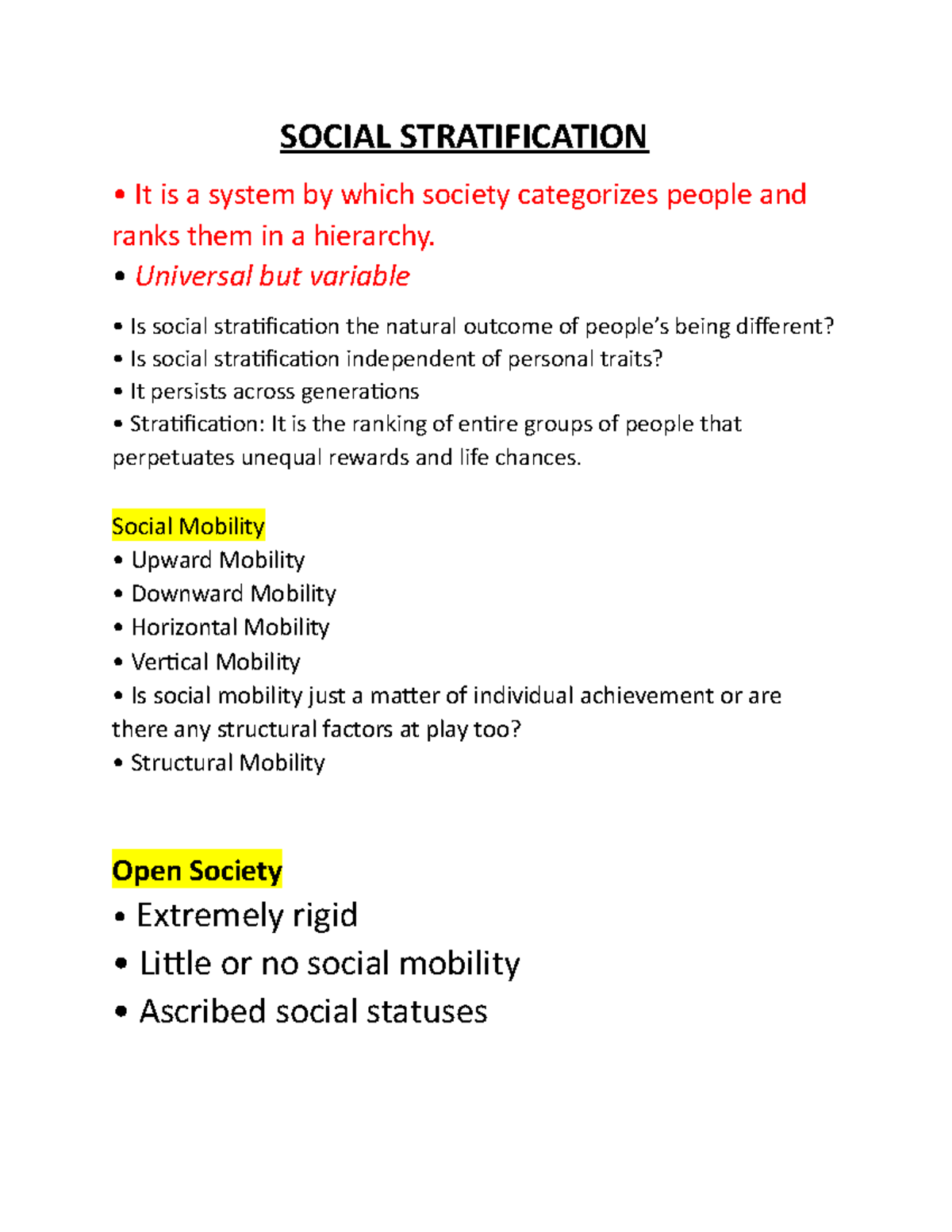 Sociology 3 - LECTURE NOTES FOR SOCIAL INEQUALITY, FOCUS ON TYPES OF