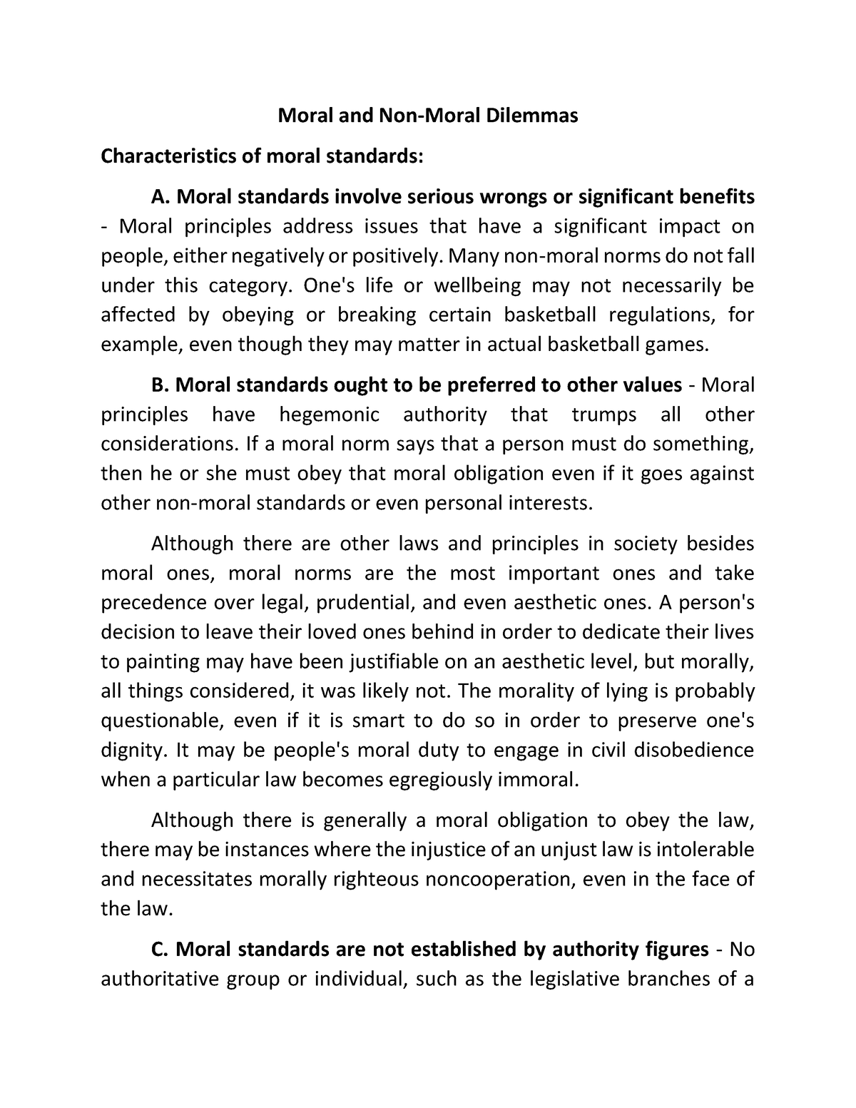 moral and non moral standards essay