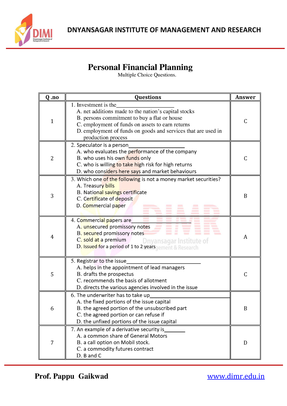 Personal Financial Planning Mcq On Personal Financial Planning ...