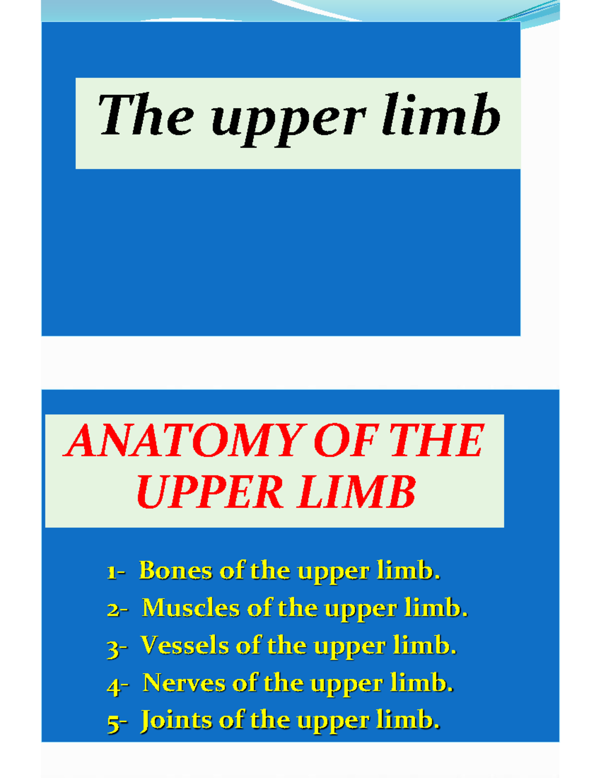 The upper limb medicine The upper limb ANATOMY OF THE UPPER LIMB 1