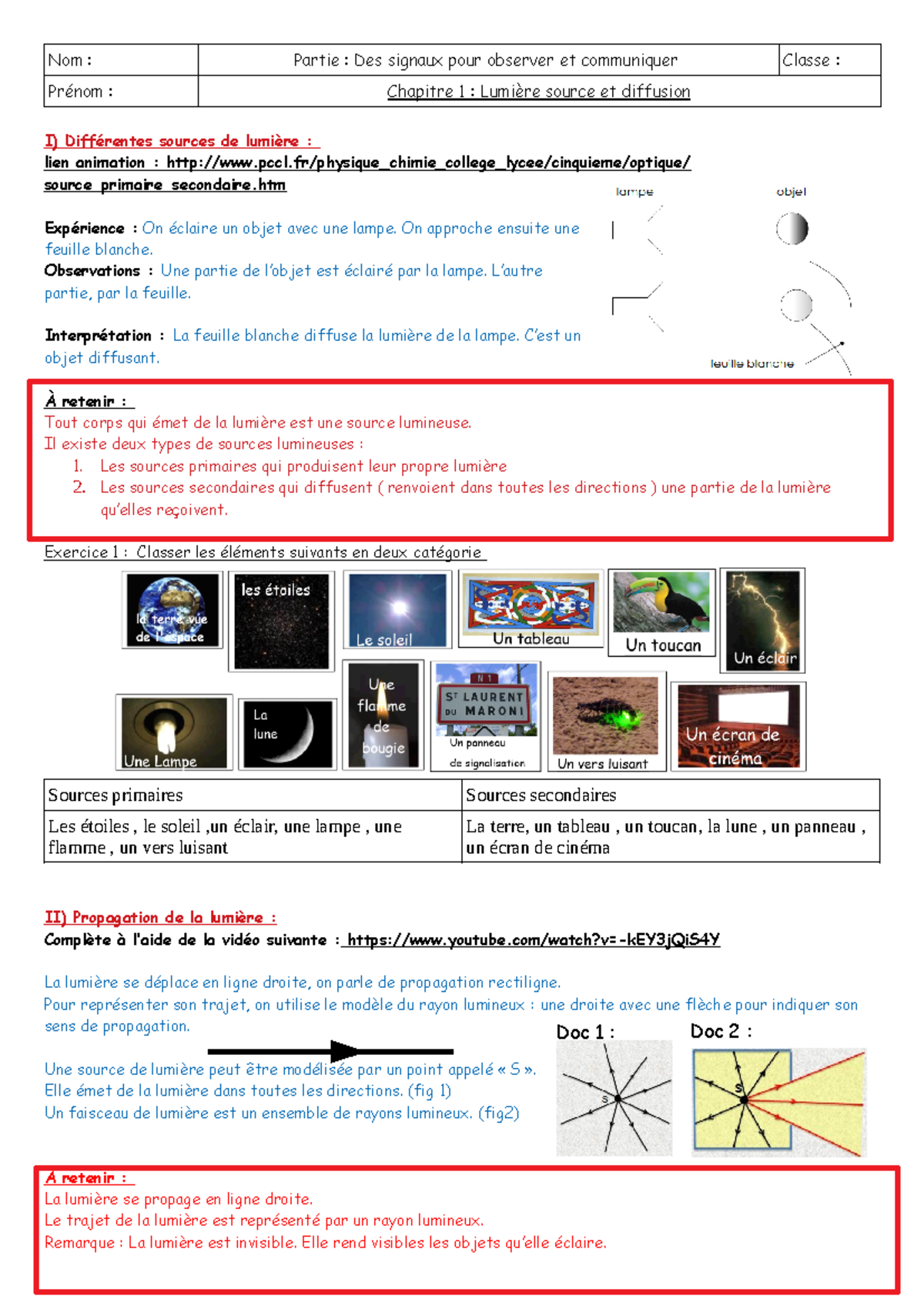 Cours 1 lumière correction - Nom : Partie : Des signaux pour observer ...