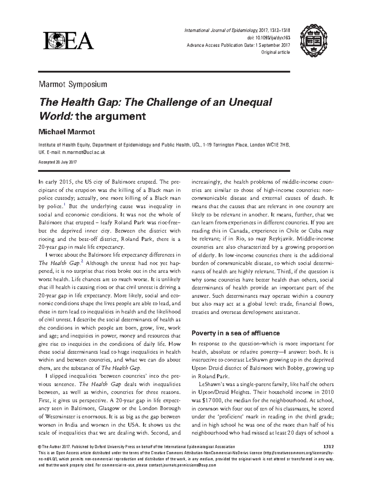 The Health Gap The Challenge of an Unequal World T - Marmot Symposium ...