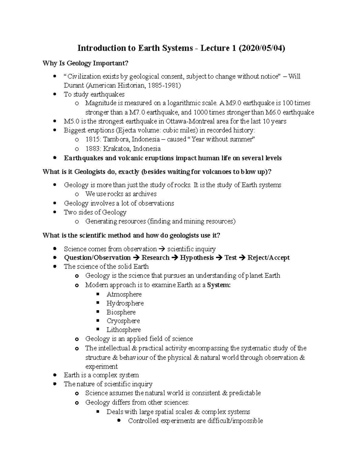 GEO 1111X Course Note - Introduction To Earth Systems - Lecture 1 (2020 ...