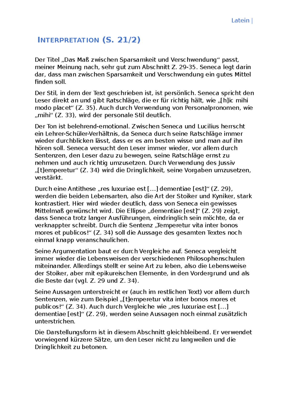 Interpretation Brief 5 Latein INTERPRETATION (S. 21/2) Der Titel „Das Maß zwischen