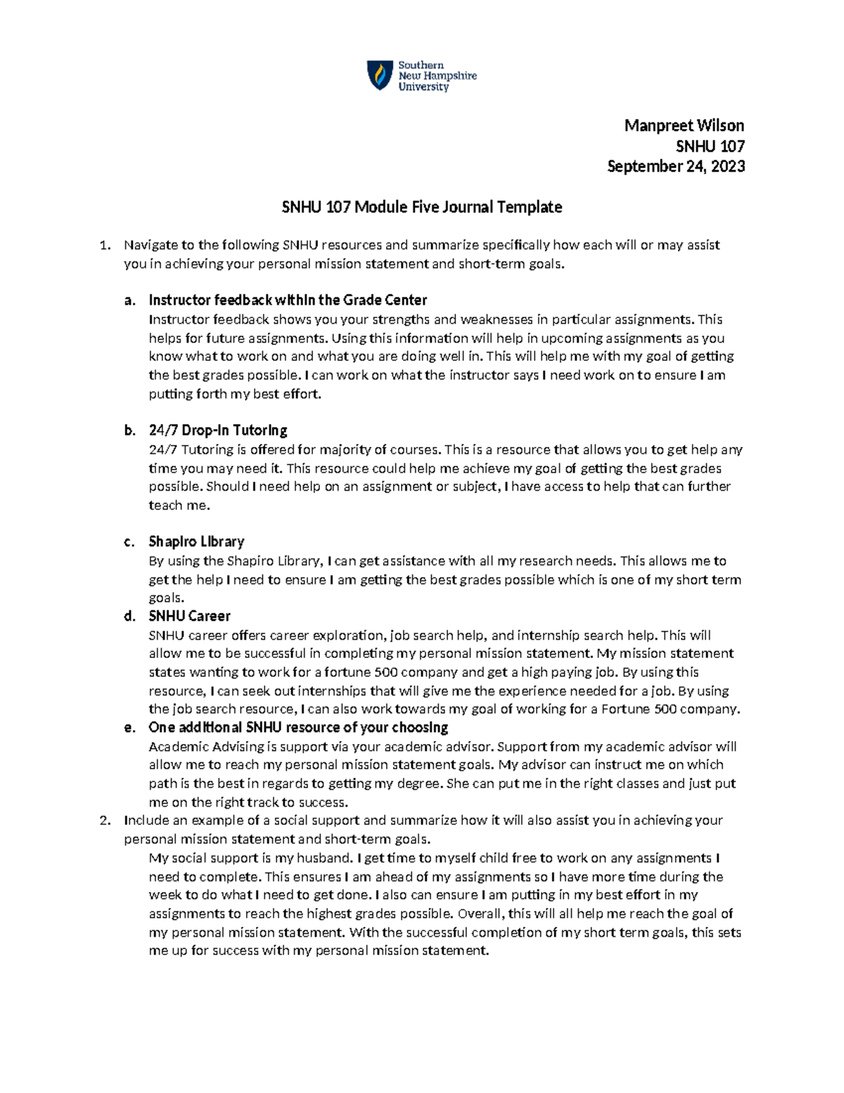 SNHU 107 Module Five Journal Template - Navigate to the following SNHU 