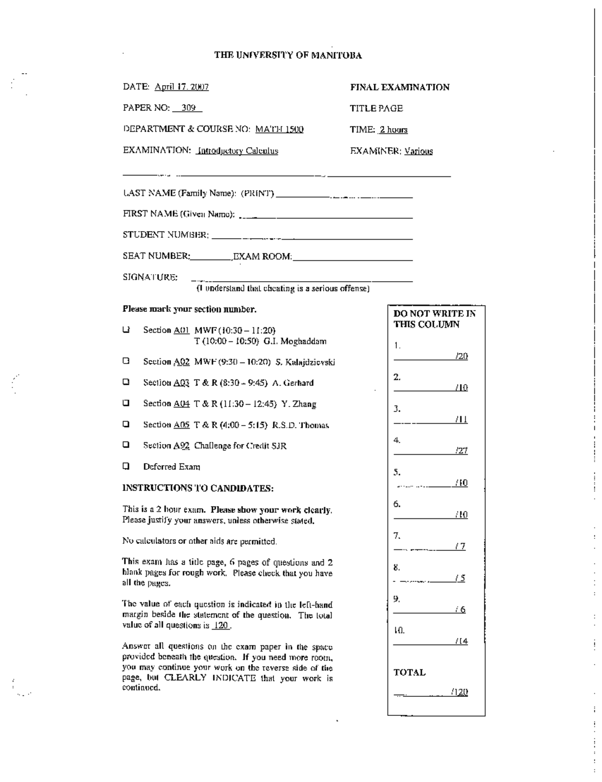 Exam 2007, questions - final, winter - MATH 1500 - Studocu