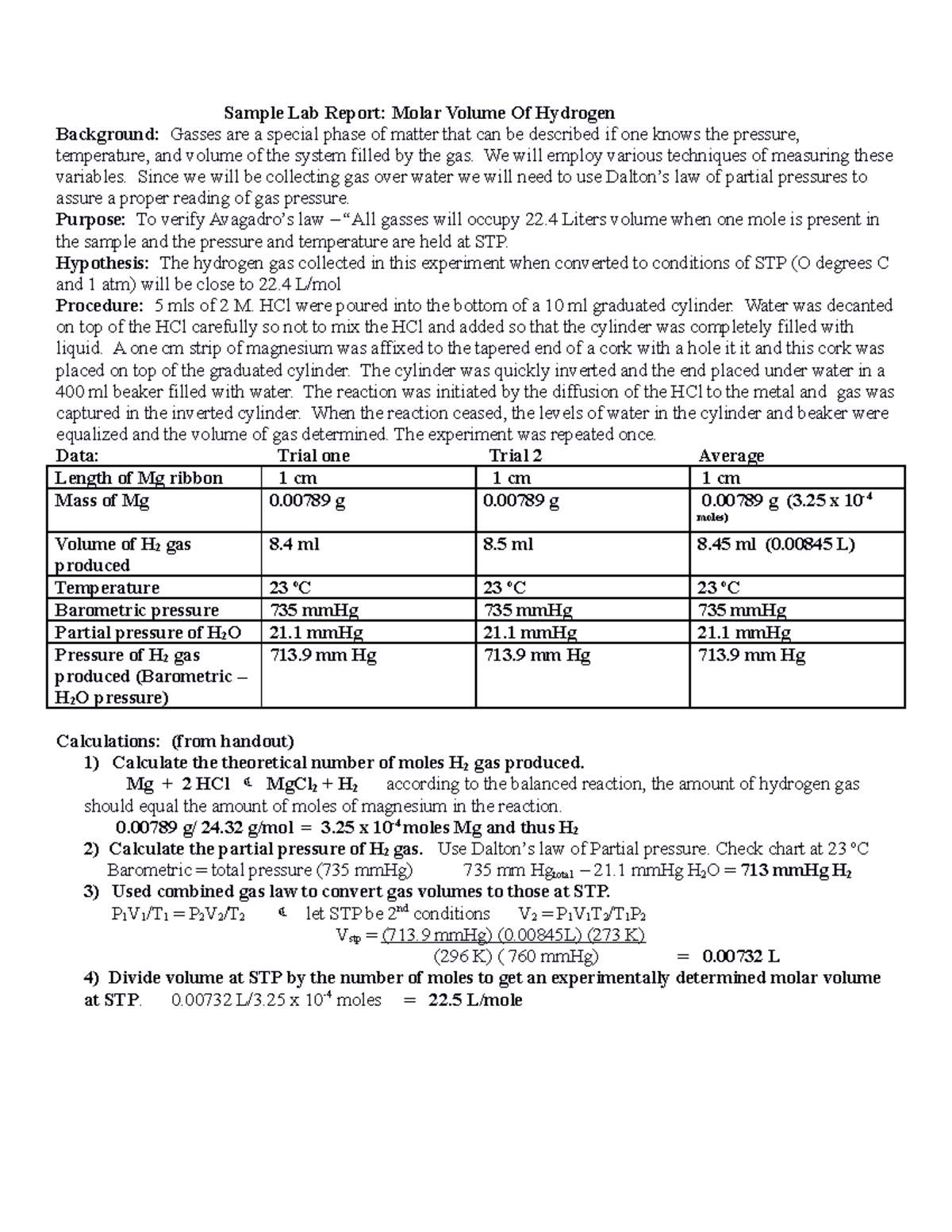 Sample Lab Report Molar volume of Hydrogen - Sample Lab Report: Molar ...