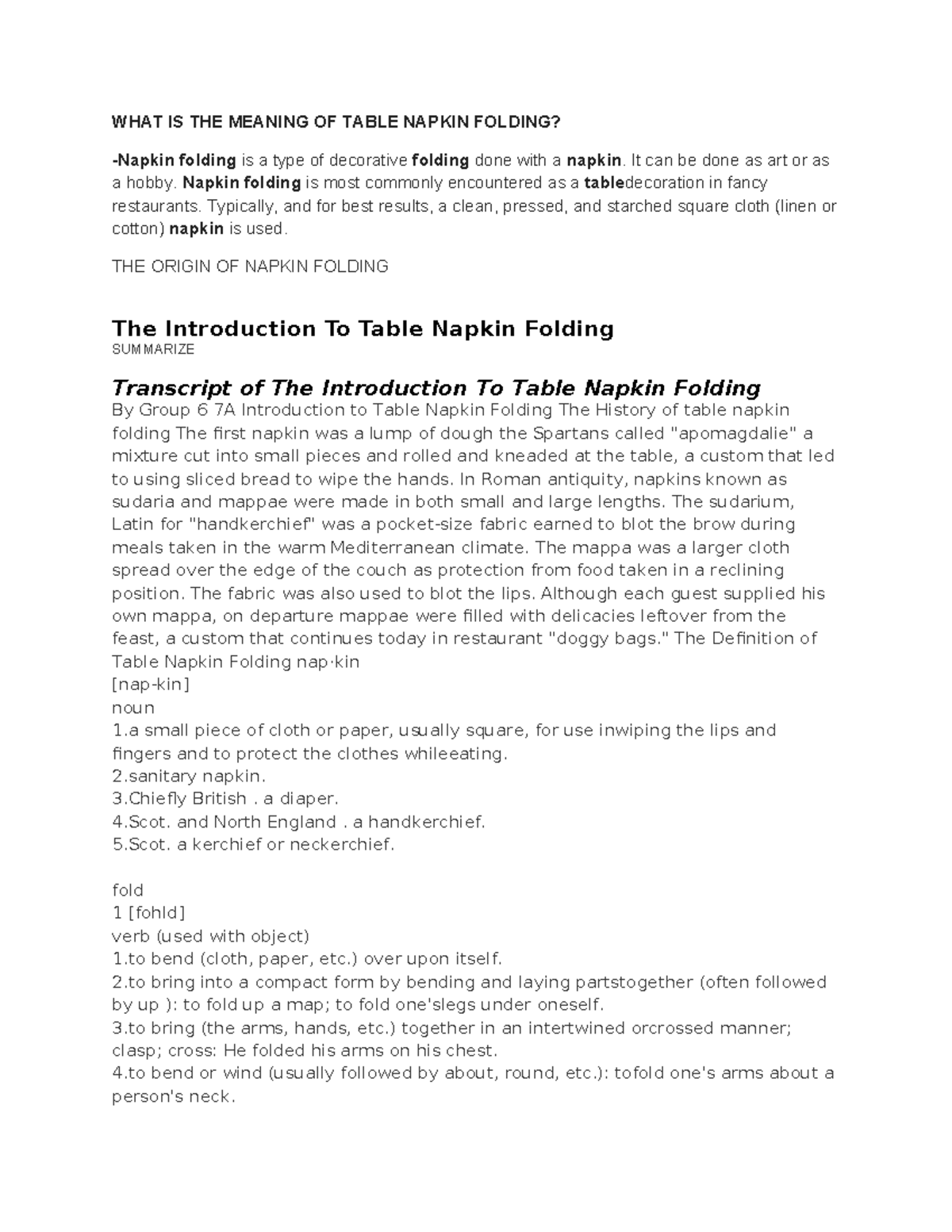 Lesson PLAN FOR Curriculum WHAT IS THE MEANING OF TABLE NAPKIN