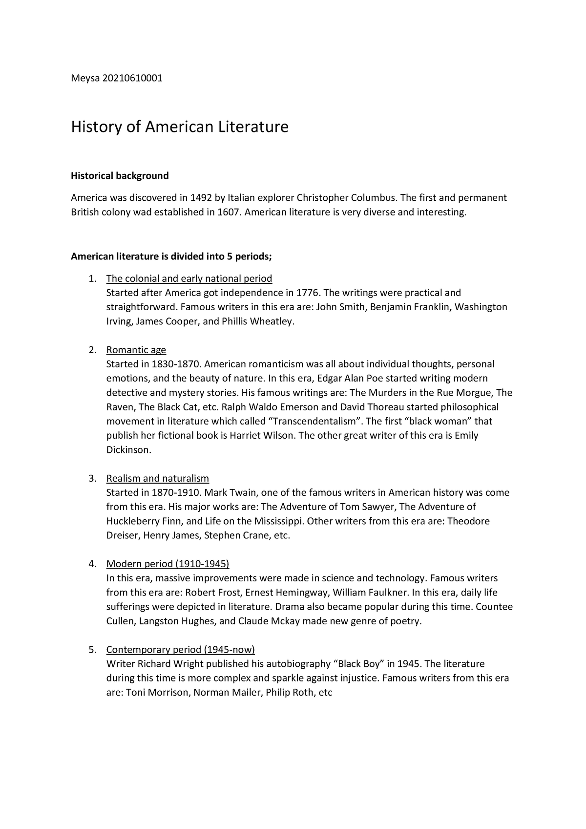 essay on history of american literature