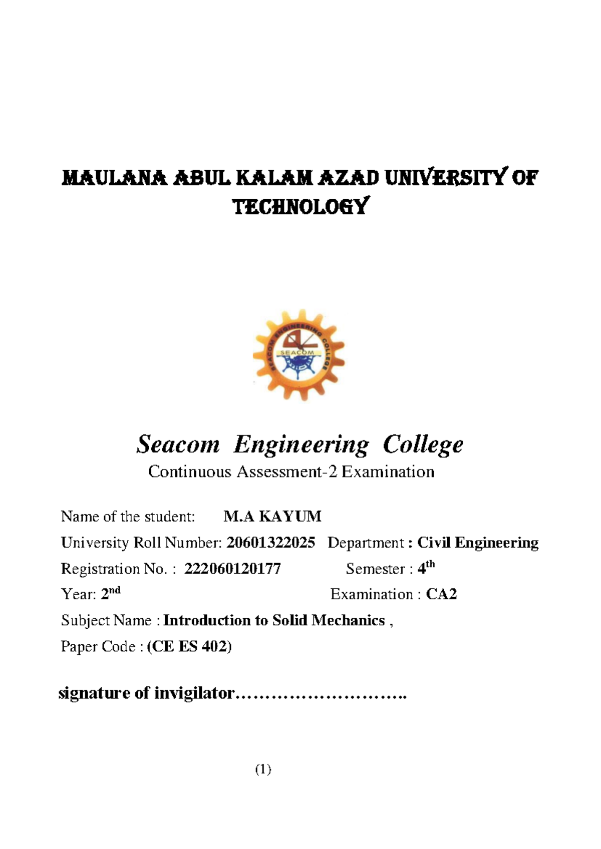 Answer Script CA2 Solid Machanics - Maulana Abul Kalam Azad University ...
