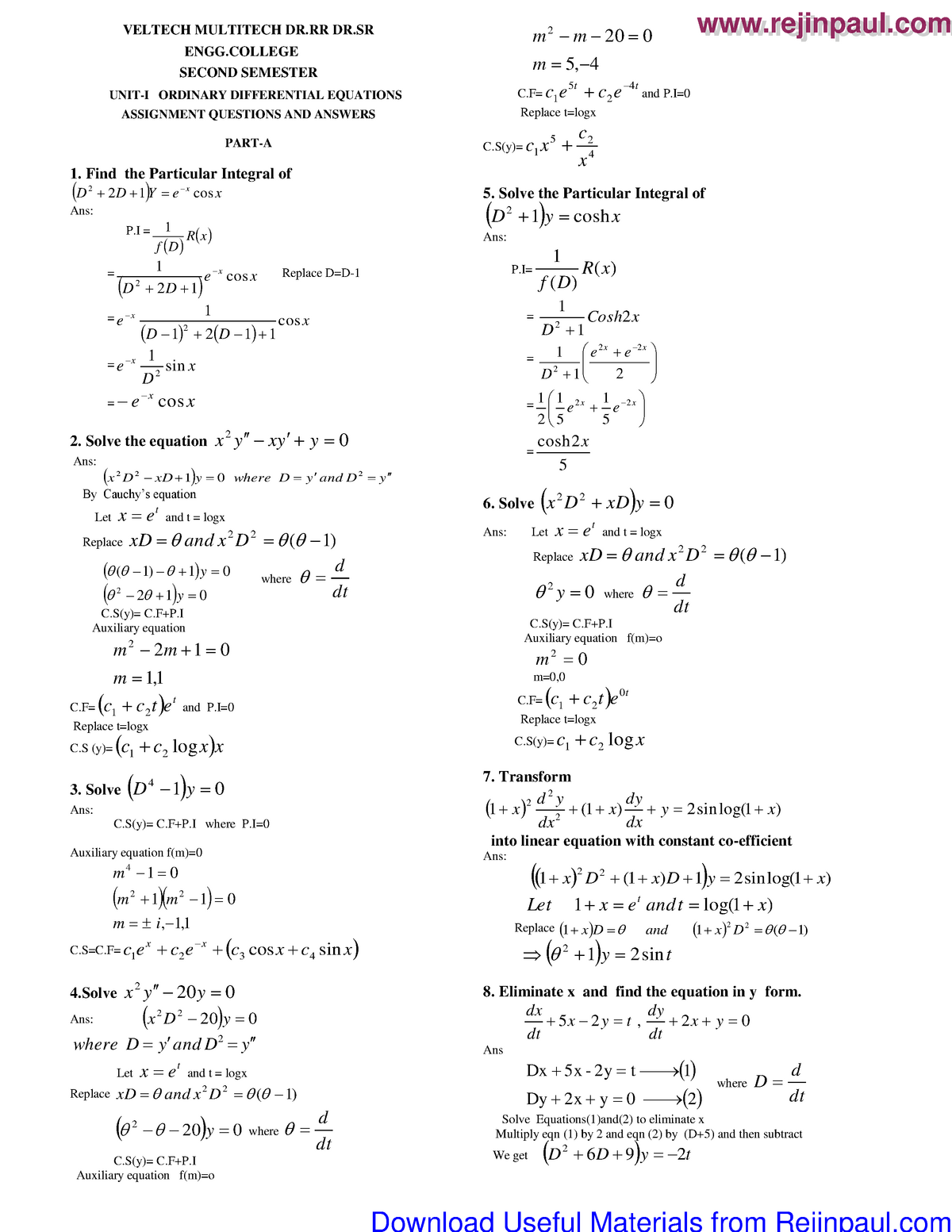 Cs6004 Notes 3 Veltech Multitech Dr Dr Engg Second Semester Unit I Ordinary Differential Equations Studocu