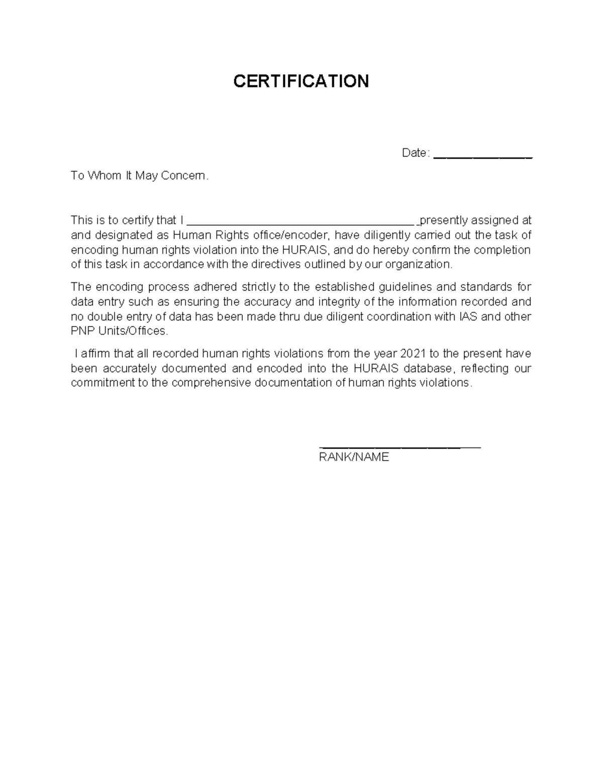 Human- Rights- Certification - CERTIFICATION Date: _______________ To ...