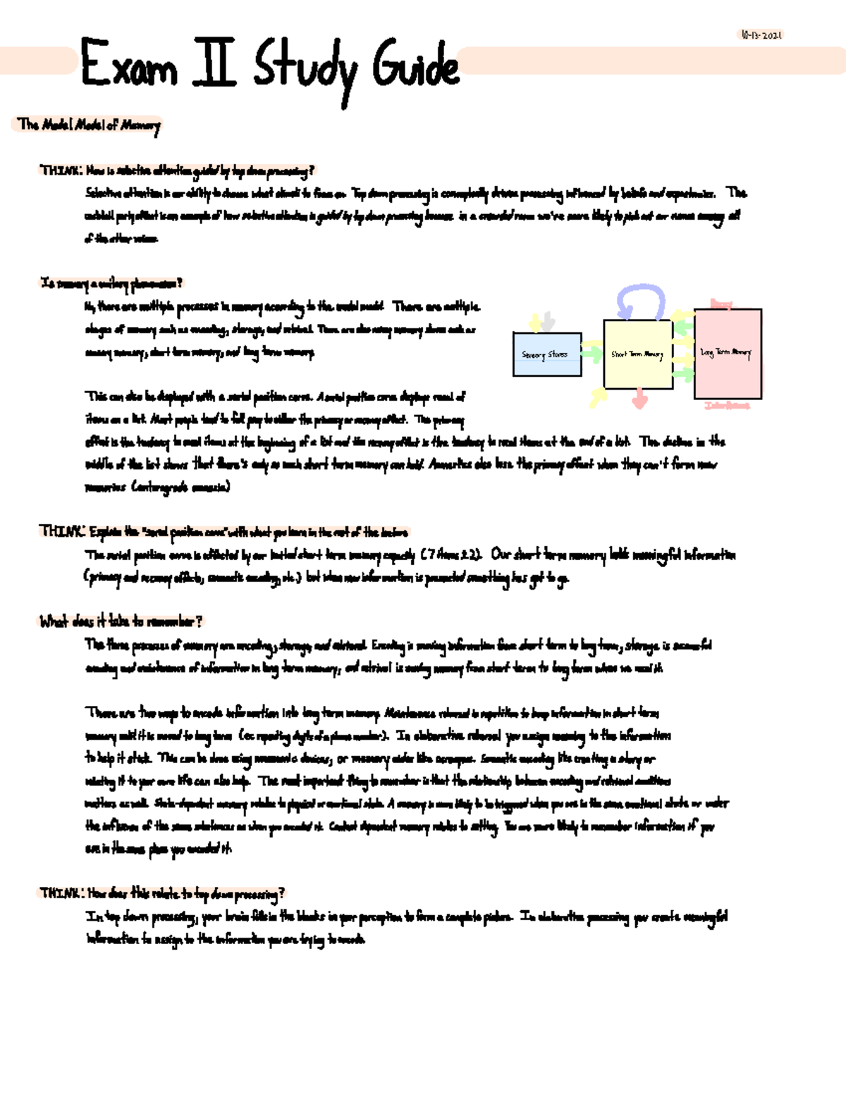 Exam II Study Guide - 10-13- Exam I Study Guide TheModalModelof Memory ...