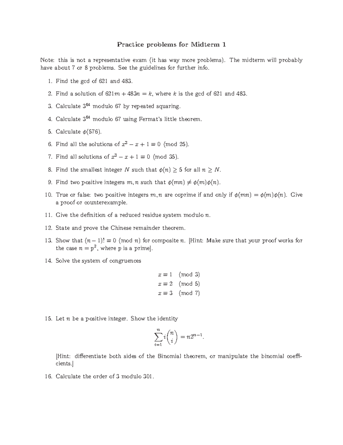 MIT18 781S12 practice Exam 1 - Practice problems for Midterm 1 Note ...