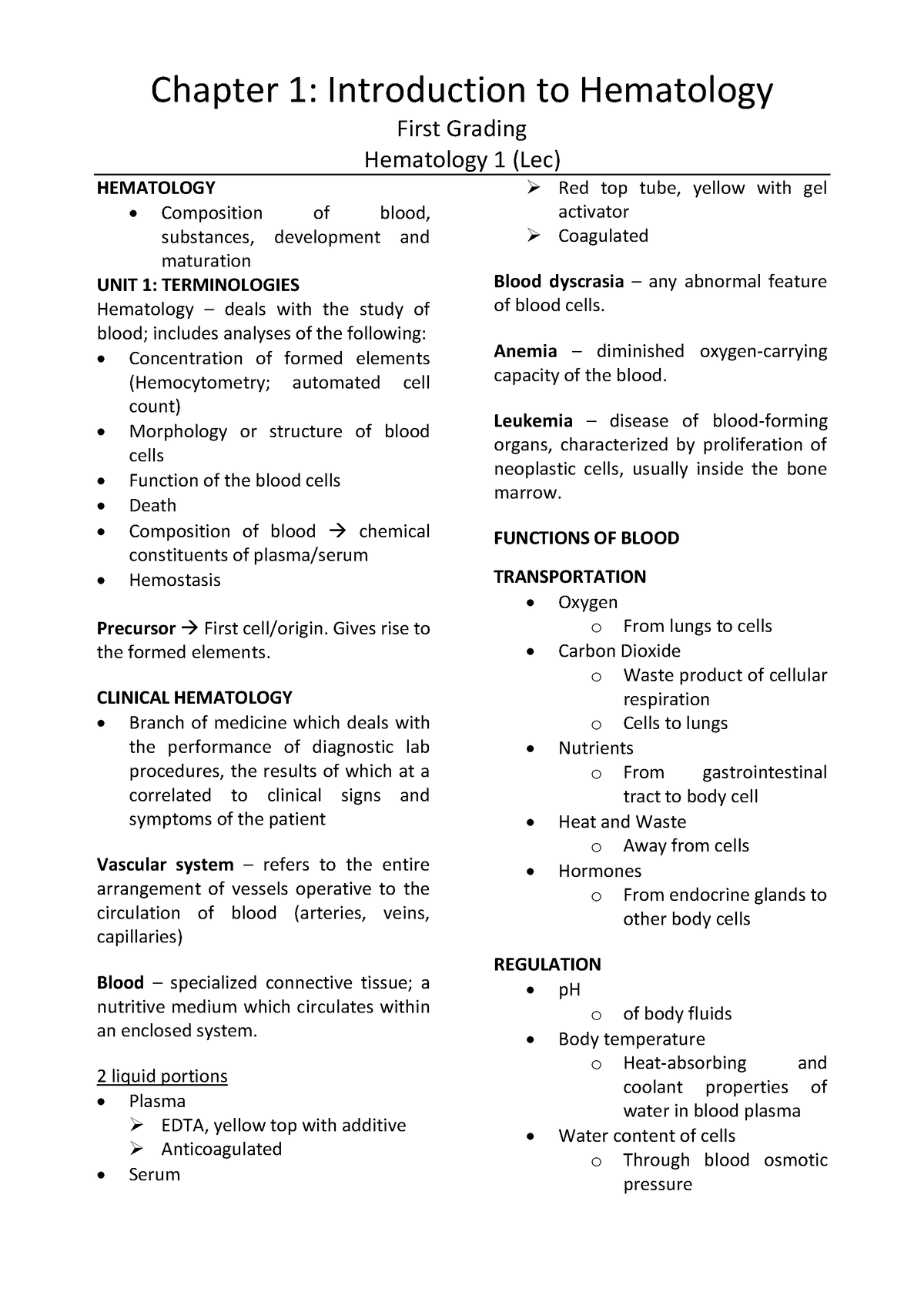 HEMA Chapter 1 Lec - Chapter 1: Introduction To Hematology First ...