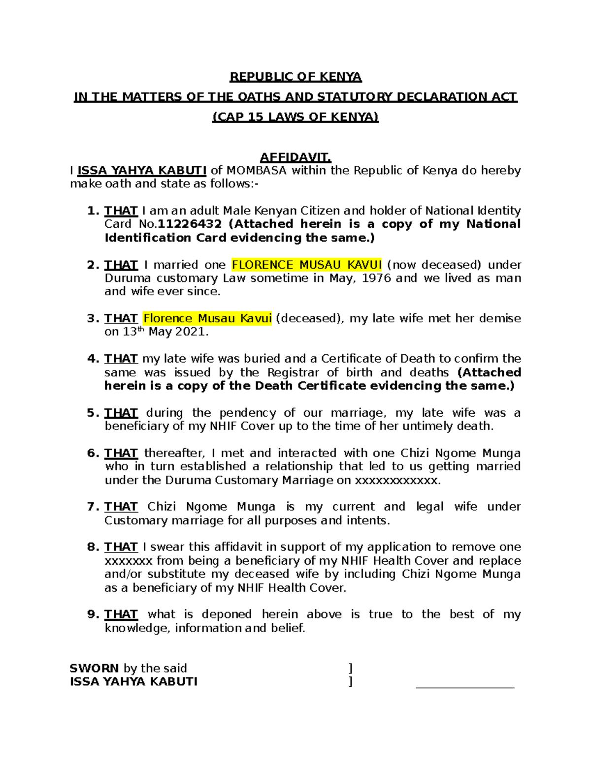 ISSA NHIF Affidavit REPUBLIC OF KENYA IN THE MATTERS OF THE OATHS AND
