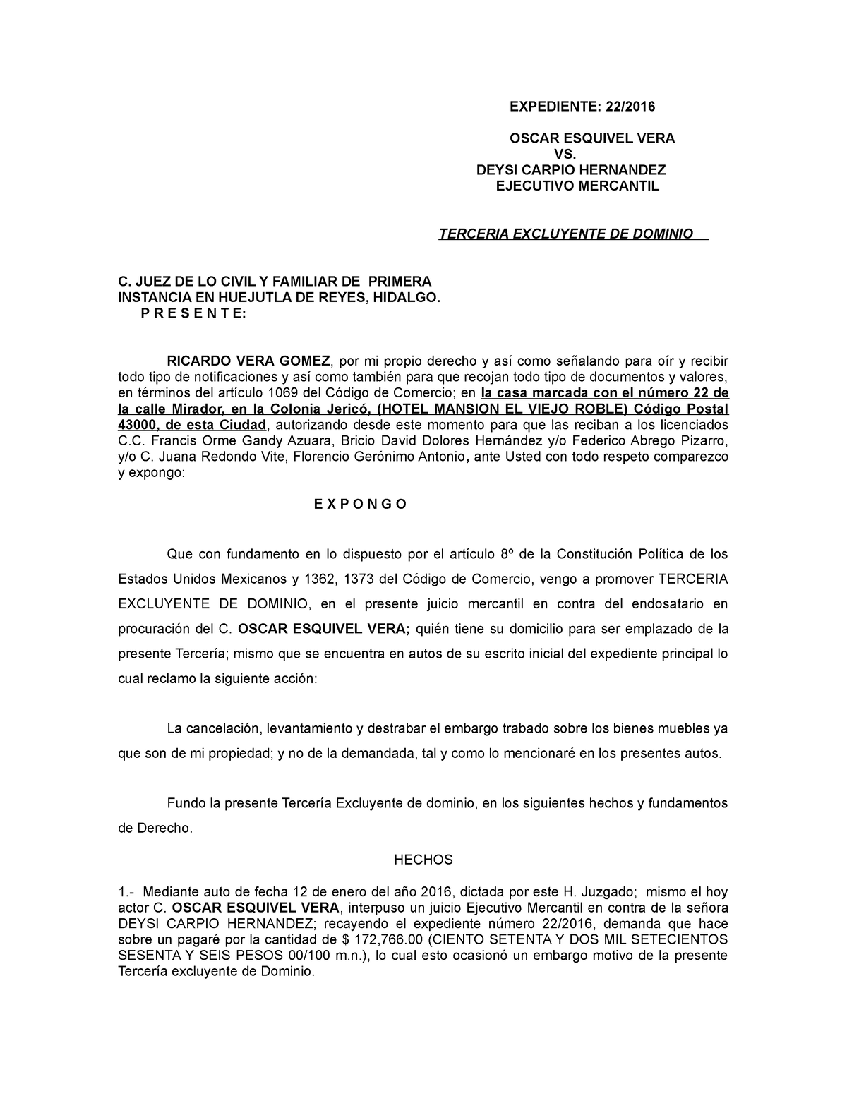 Terceria%20LIC - Tercería excluyente de dominio - EXPEDIENTE: 22/ OSCAR  ESQUIVEL VERA VS. DEYSI - Studocu