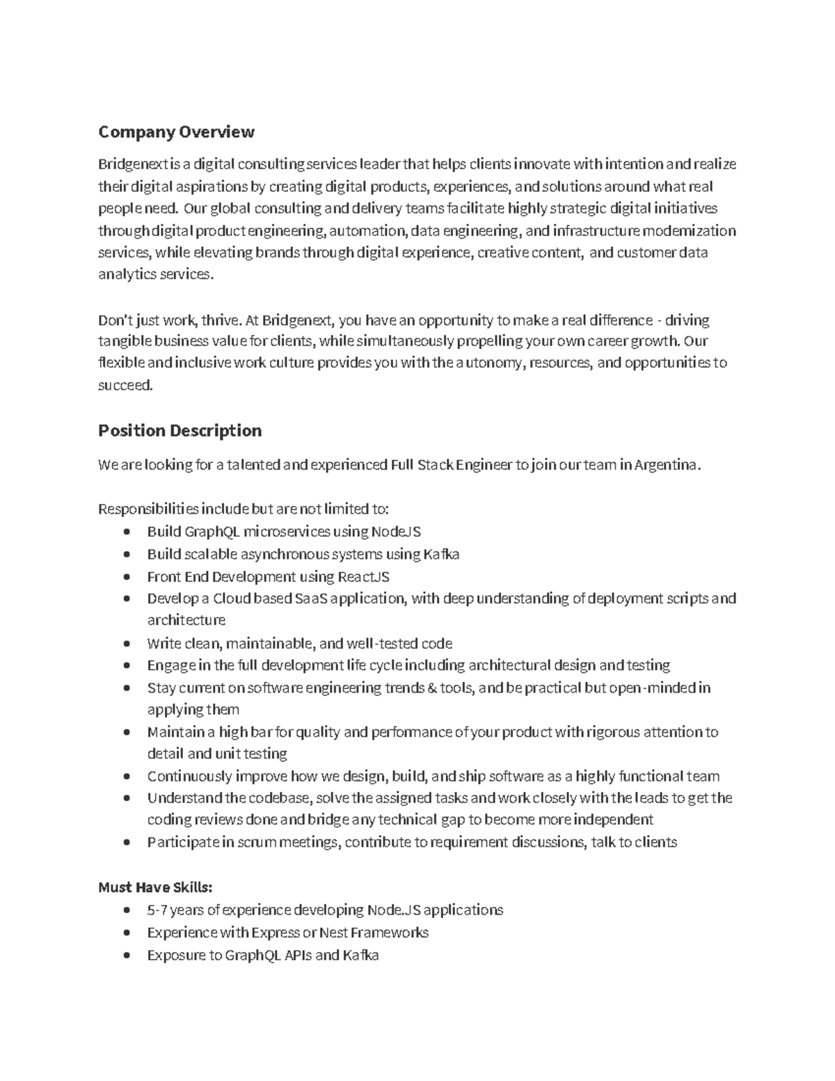 Full Stack Engineer Job Description - Company Overview Bridgenext is a ...