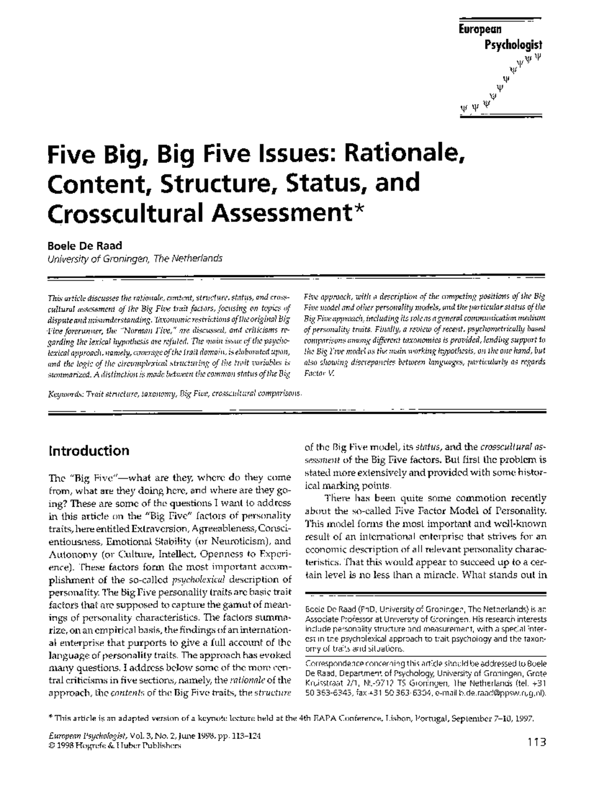 Five big, big five issues European Psychologist or W Five Big, Big
