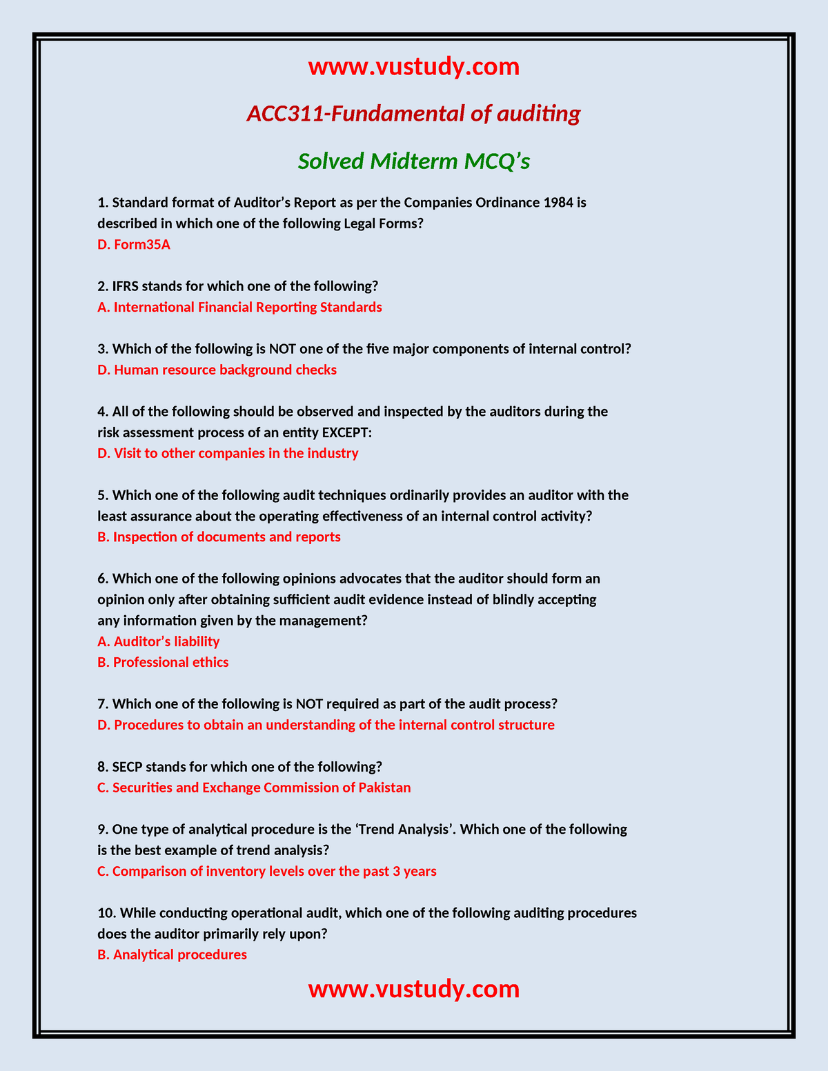 Acc311 Fundamentals Of Auditing Solved Mcqs - ACC311-Fundamental Of ...