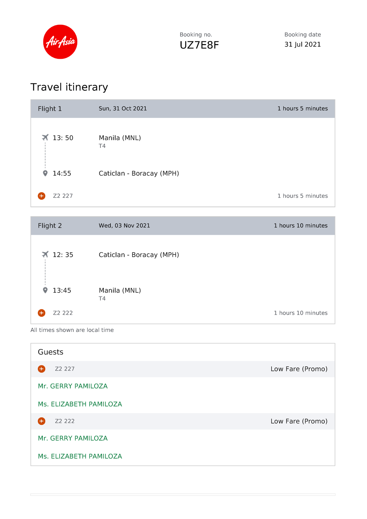 Boracay Itinerary UZ7E8F - Booking no. UZ7E8F Booking date 31 Jul 2021 ...