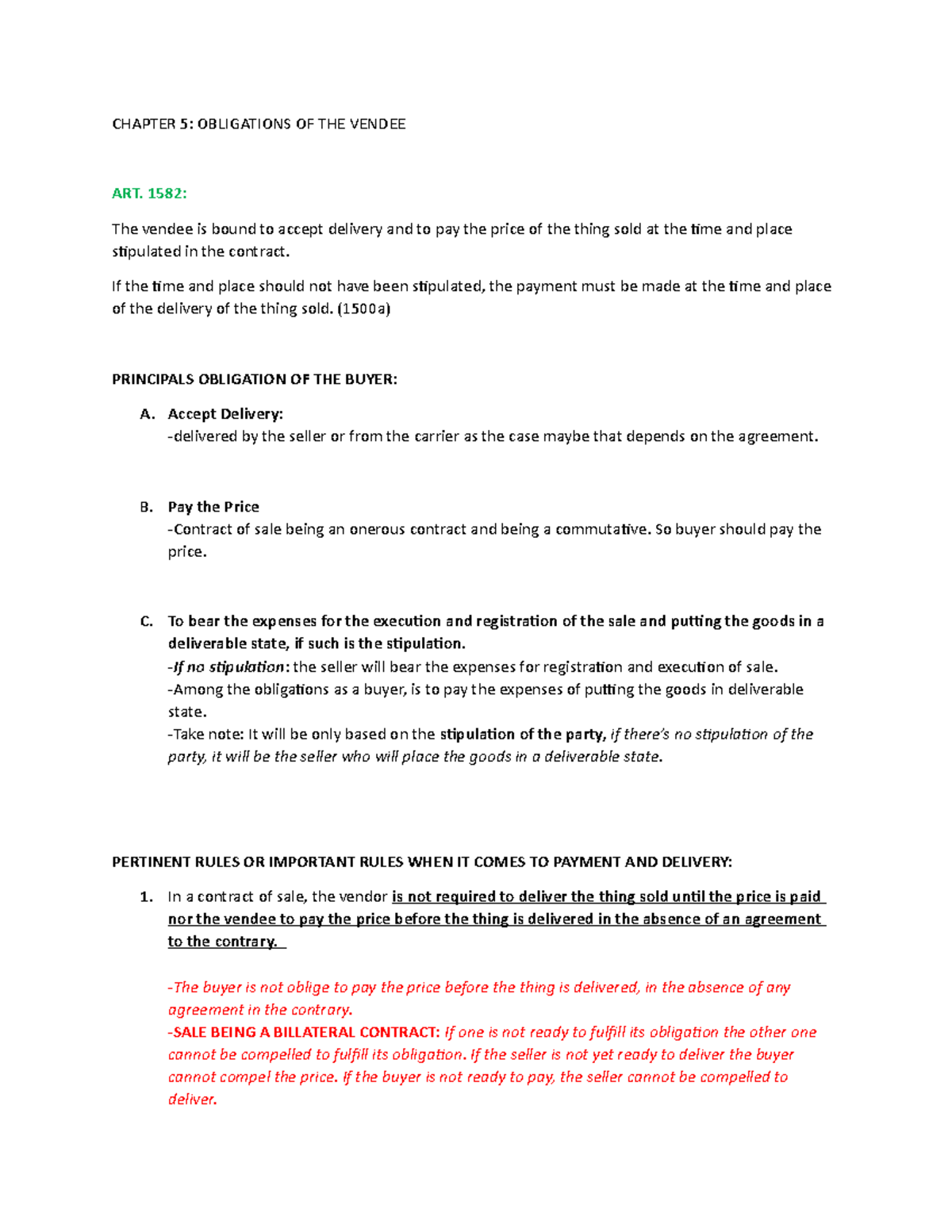 Notes IN LAW 3 Art. 15851623 CHAPTER 5 OBLIGATIONS OF THE VENDEE