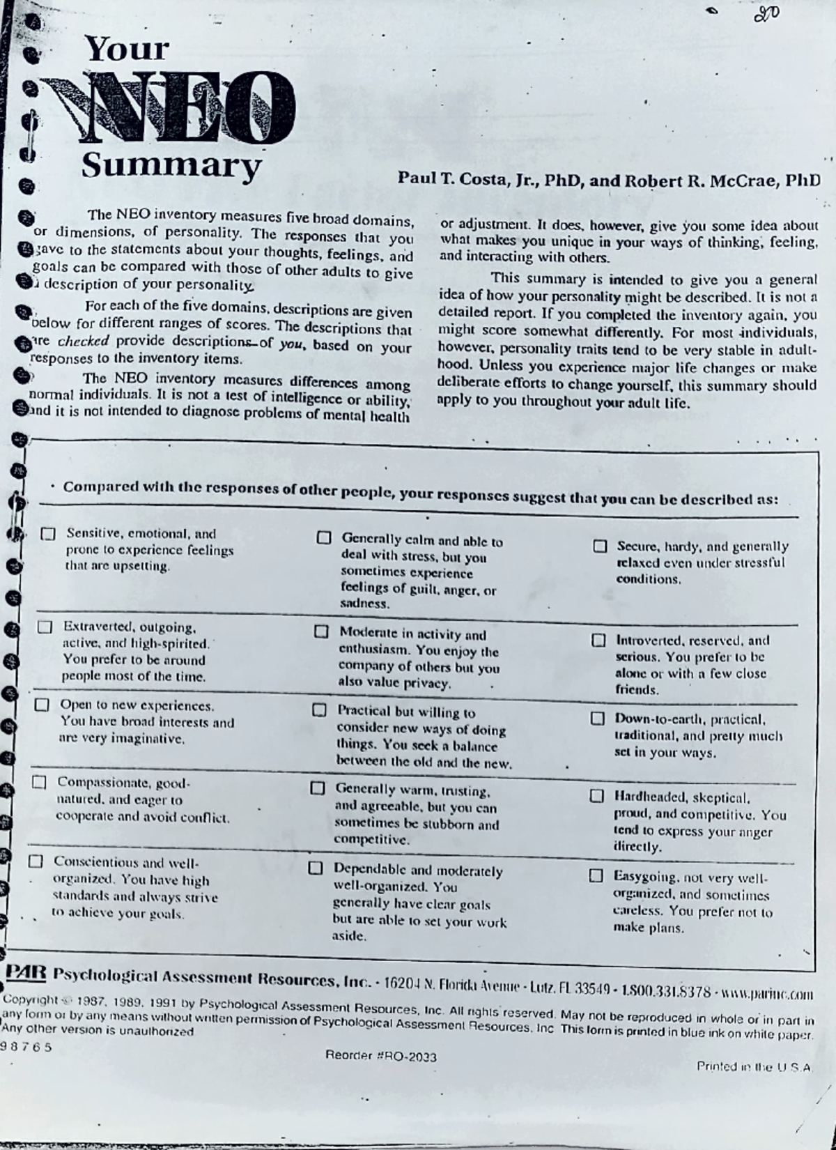 NEO-PI Questionnaire - For practical - Your NDO Summary Paul T. Costa ...